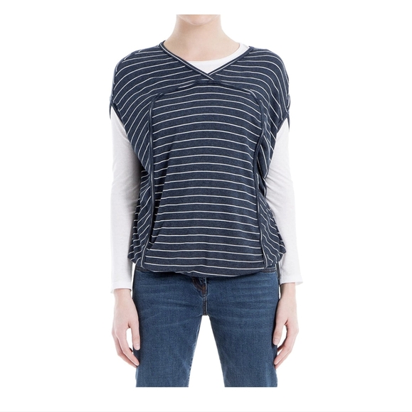 Max Studio London Womens Top Striped Bubble Hem Shirt Blue White M - Picture 1 of 8